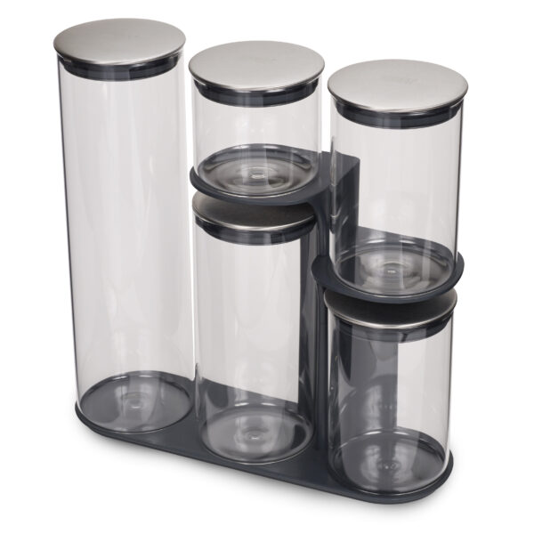 Ultimate 5 Piece Glass Storage Jar Set with Stand – Steel