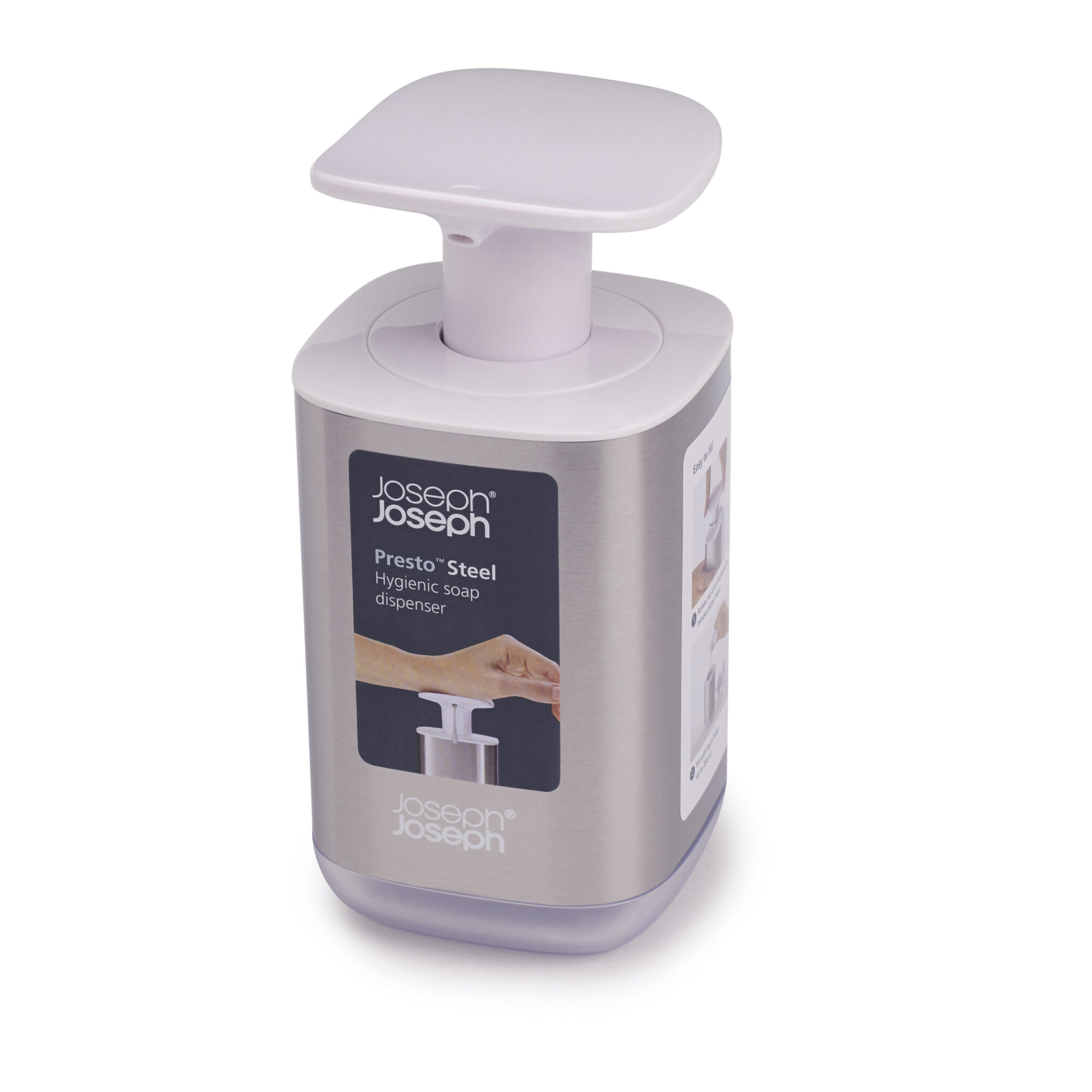 JJ_Presto Steel_White_70532_PKG Ultimate Presto Steel Hygienic Soap Dispenser - White Design