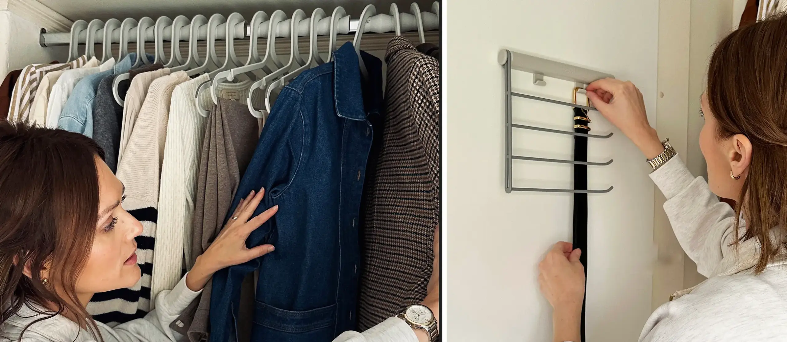 Leanne wardrobe organisation tips demonstrating. How do you maximise storage space using Joseph Joseph's Orderly accessories