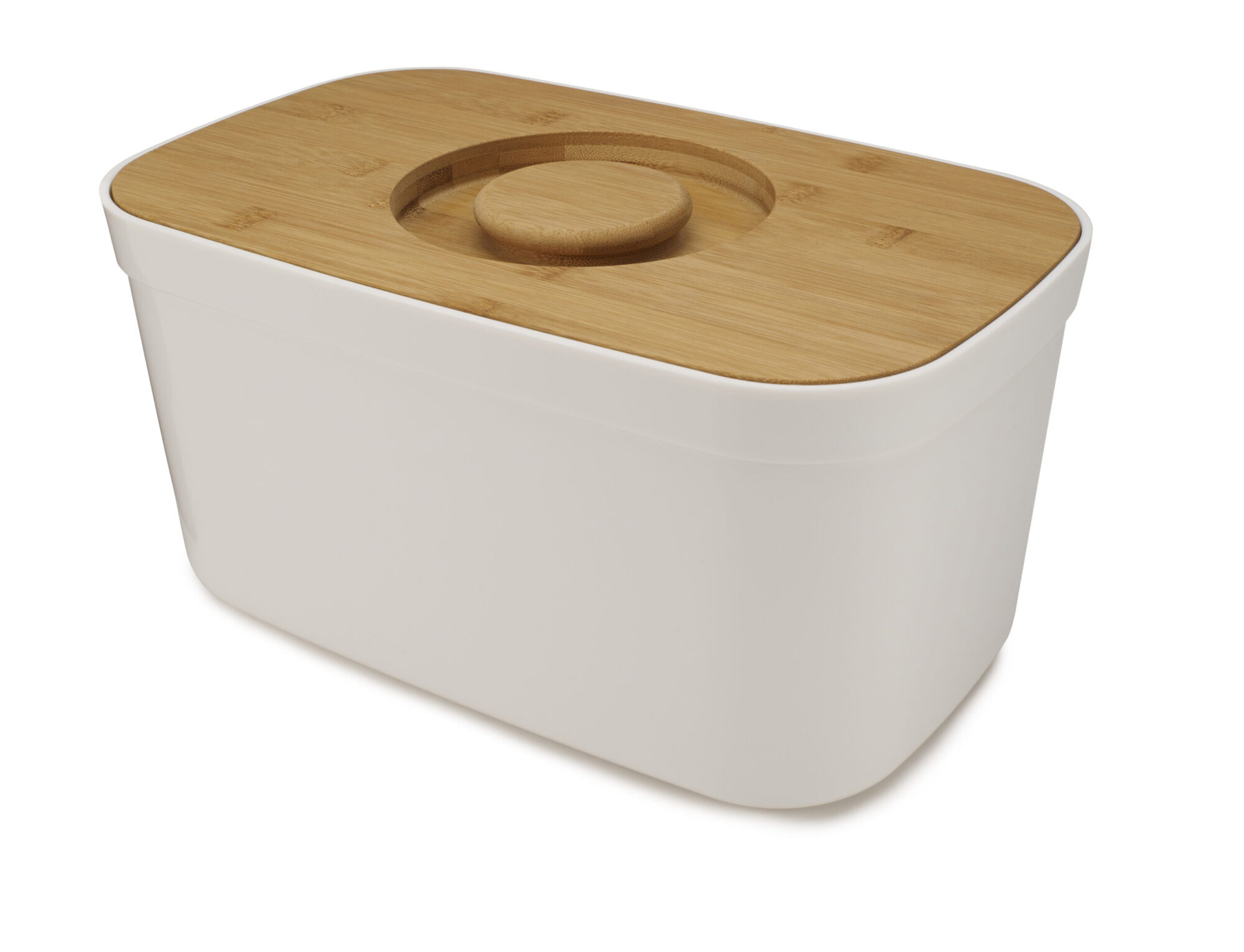 JJ_BreadBin_White_81097_CO1 Innovative White Bread Bin with Bamboo Lid – Smart Design